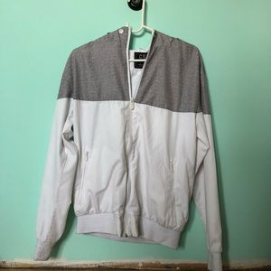 white & gray windbreaker